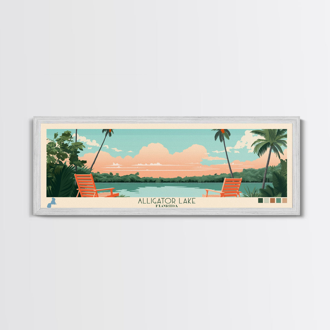 Alligator Lake Florida Framed Canvas Print, Panoramic Travel Poster, Pop Art, Midcentury Modern Wall Art, Scenic Bedroom Decor