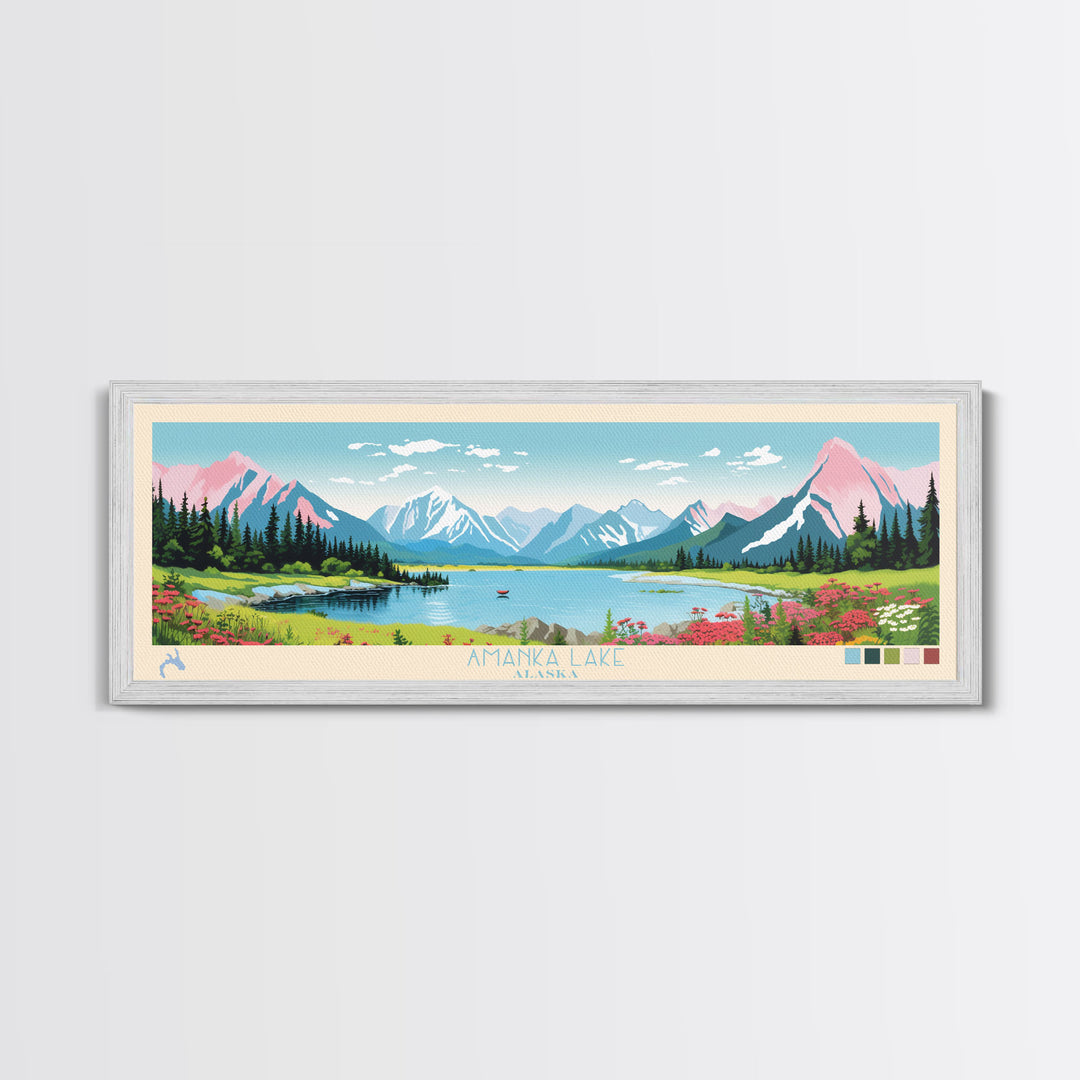 Amanka Lake Alaska Framed Canvas Print, Panoramic Wall Art, Midcentury Modern, Pop Art, Travel Poster, Living Room Art