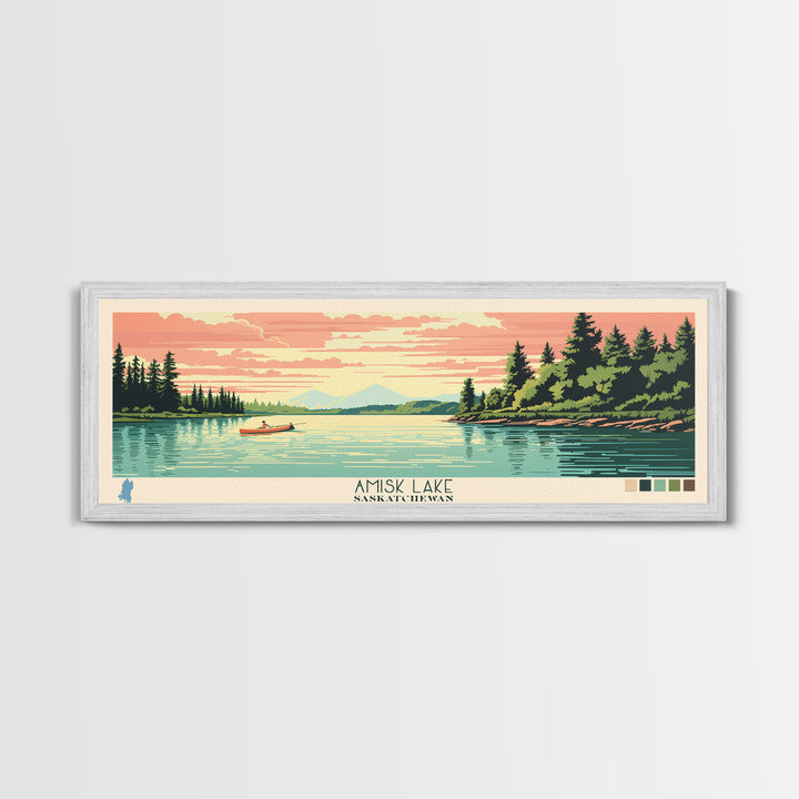 Amisk Lake Saskatchewan Framed Canvas Print, Panoramic Wall Art, Midcentury Modern, Pop Art, Travel Poster, Scenic Living Room Art