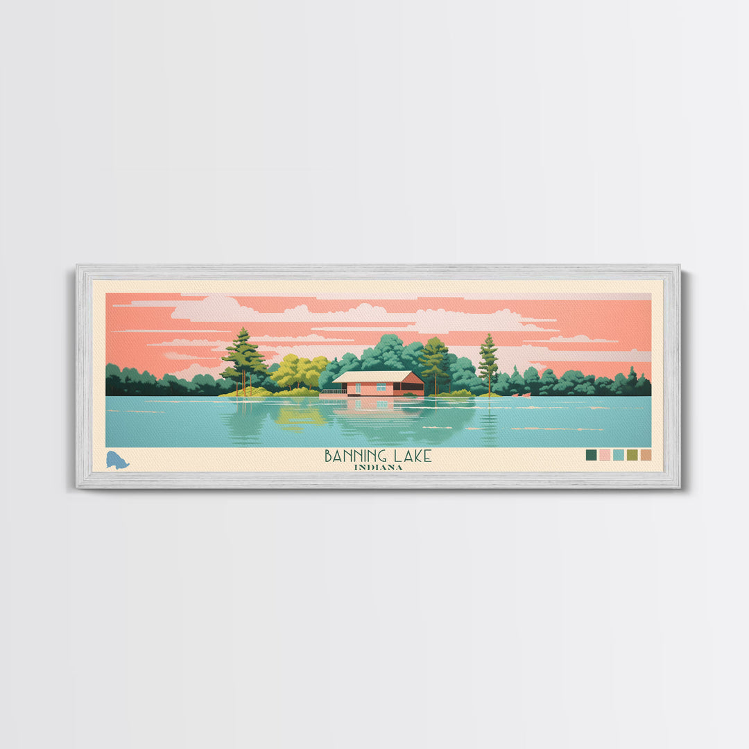 Banning Lake Indiana Framed Canvas Print, Panoramic Travel Poster, Midcentury Modern Wall Art, Pop Art, Bedroom Decor