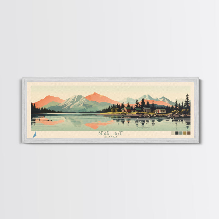 Bear Lake Southwest Alaska Framed Canvas Print, Panoramic Wall Art, Midcentury Modern, Pop Art, Travel Poster, Scenic Bedroom Art, Living Room Decor