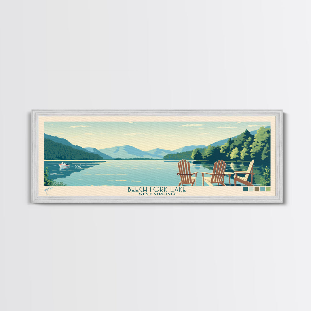 Beech Fork Lake West Virginia Framed Canvas Print, Panoramic Wall Art, Midcentury Modern, Pop Art, Travel Poster, Scenic Lake House Decor, Bedroom Art