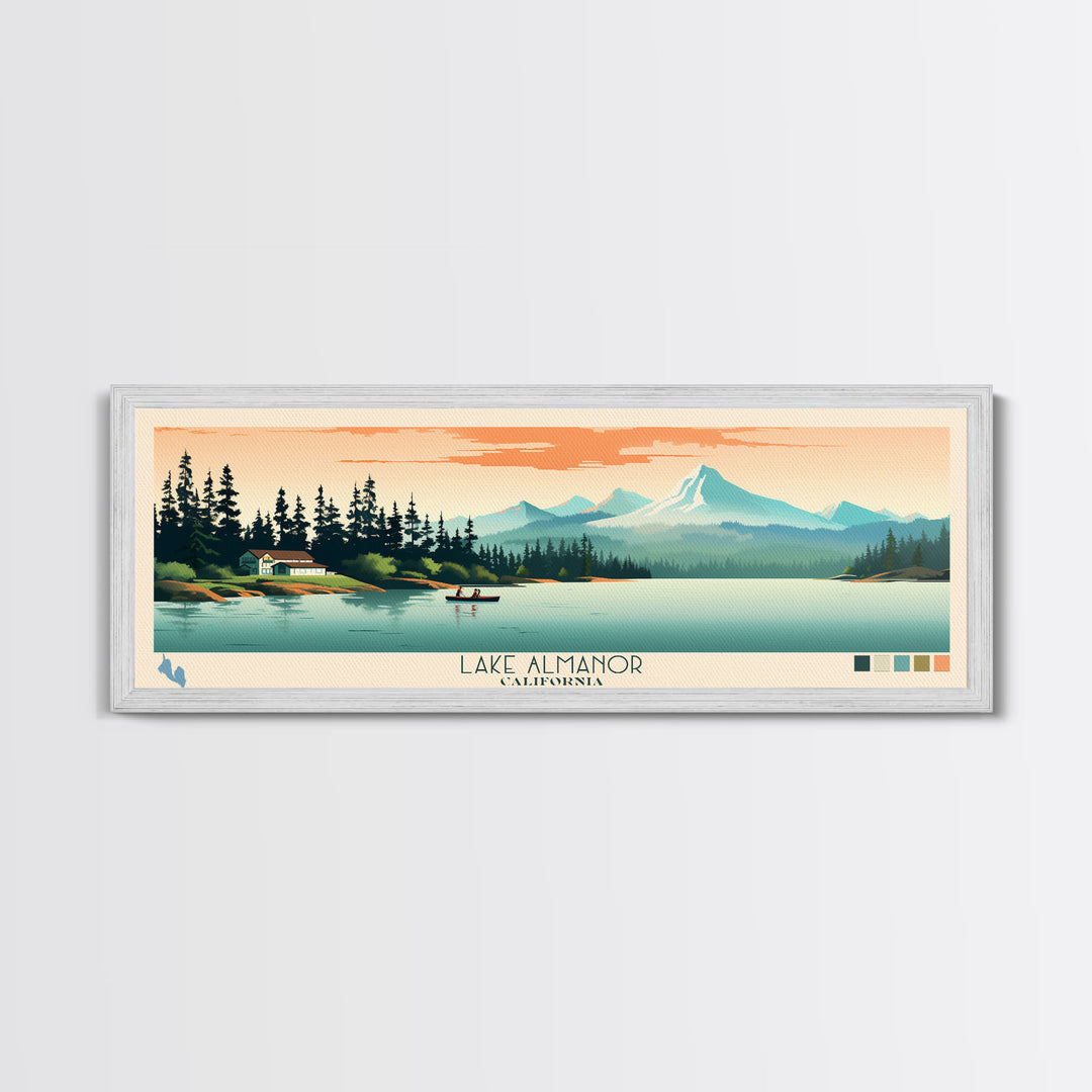 Lake Almanor California Framed Canvas Print, Panoramic Art, Midcentury Modern, Pop Art, Living Room Wall Art, Travel Poster, Lake House Decor