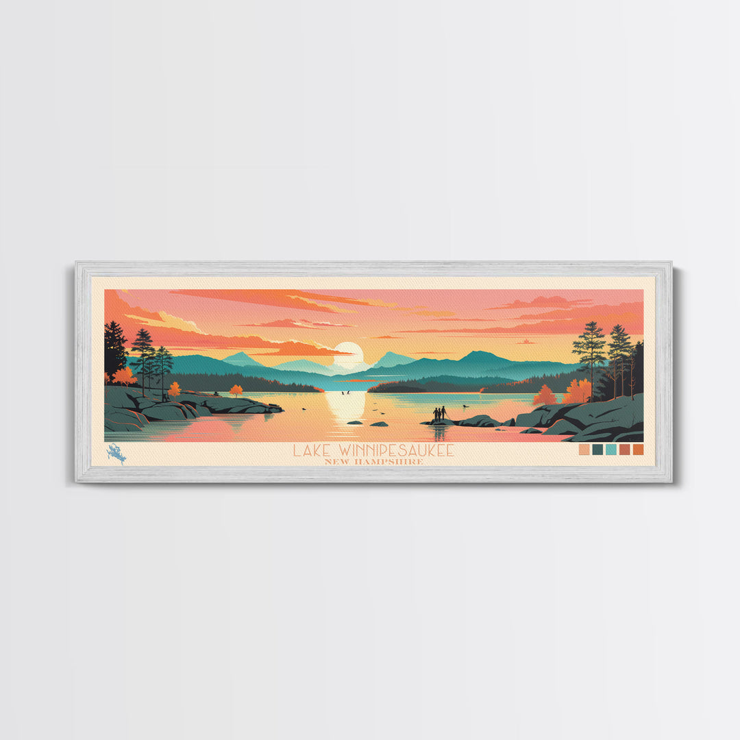 Lake Winnipesaukee, New Hampshire Panoramic Wall Art Framed Canvas Print, Midcentury Modern, Pop Art, Home Decor, Travel Poster, Living Room Art