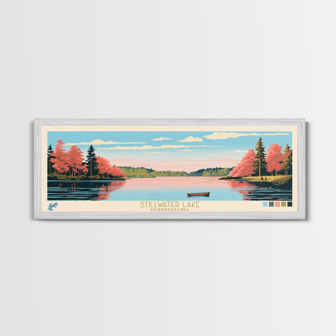 Stillwater Lake, Pennsylvania Framed Canvas Print, Lake House Decor, Midcentury Modern Art, Pop Art, Travel Poster, Bedroom Wall Art