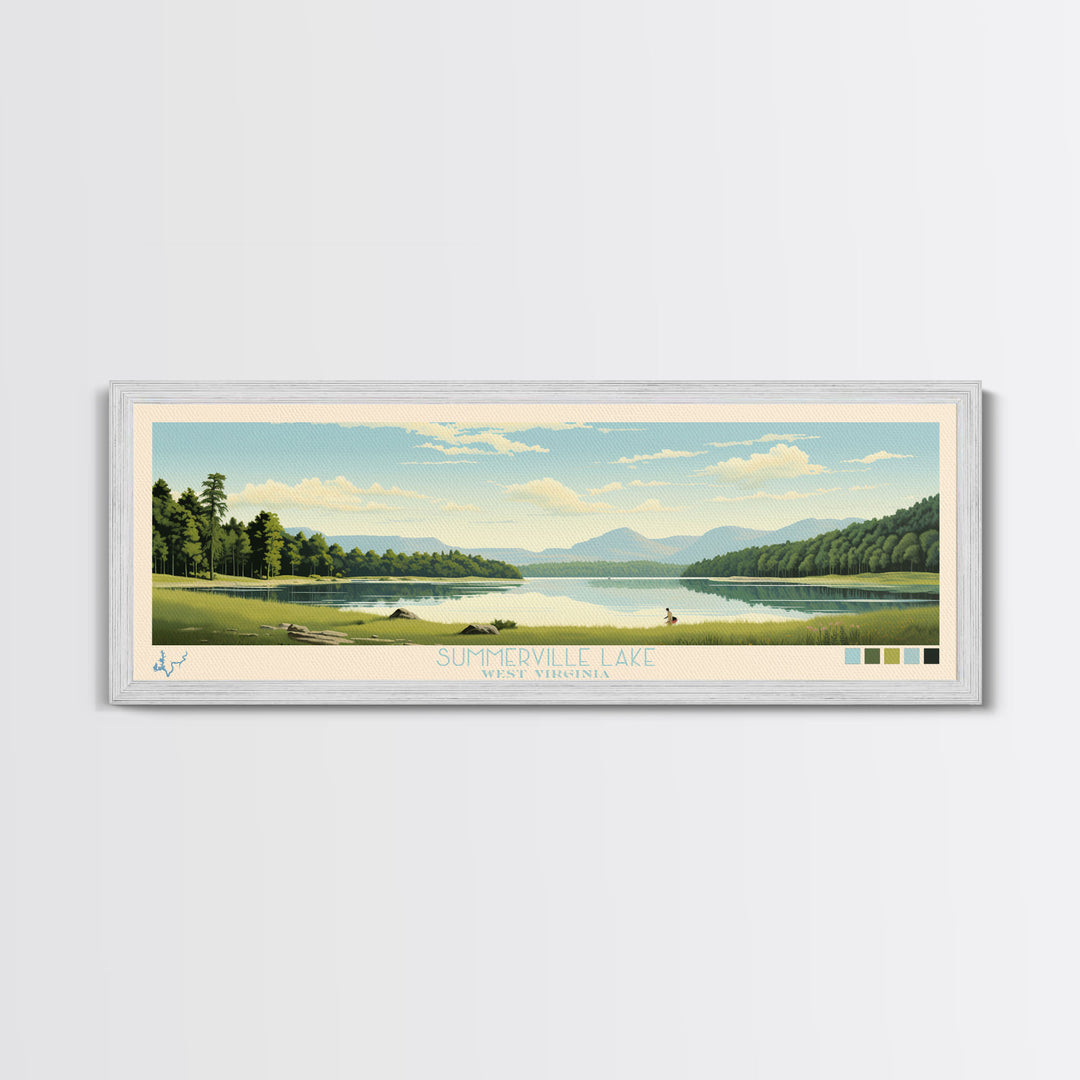 Summerville Lake, West Virginia Framed Canvas Print, Lake House Art, Midcentury Modern Decor, Pop Art, Travel Poster, Living Room Wall Art