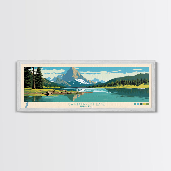 Swiftcurrent Lake, Montana Framed Canvas Print, Lake House Art, Midcentury Modern Decor, Pop Art, Travel Poster, Living Room Wall Art