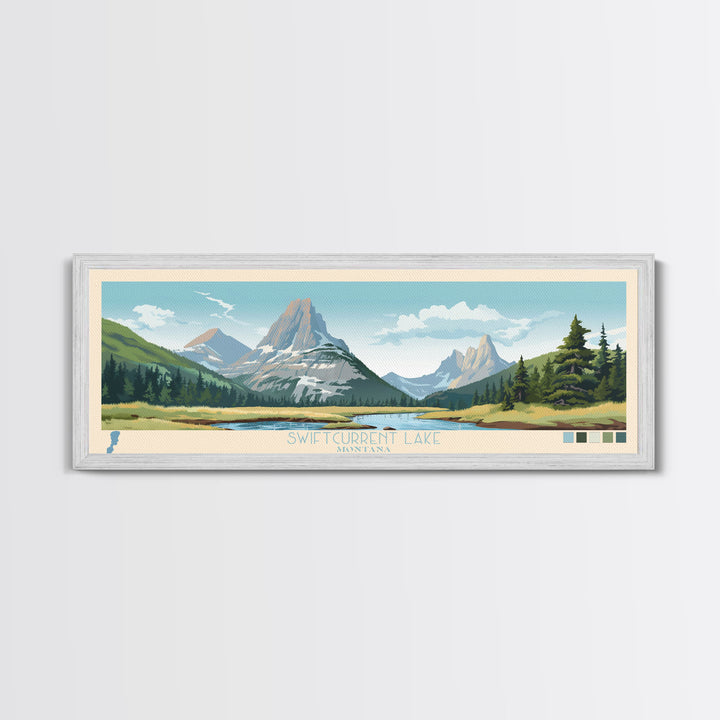 Swiftcurrent Lake, Montana Framed Canvas Print, Lake House Decor, Midcentury Modern Art, Pop Art, Travel Poster, Bedroom Wall Art