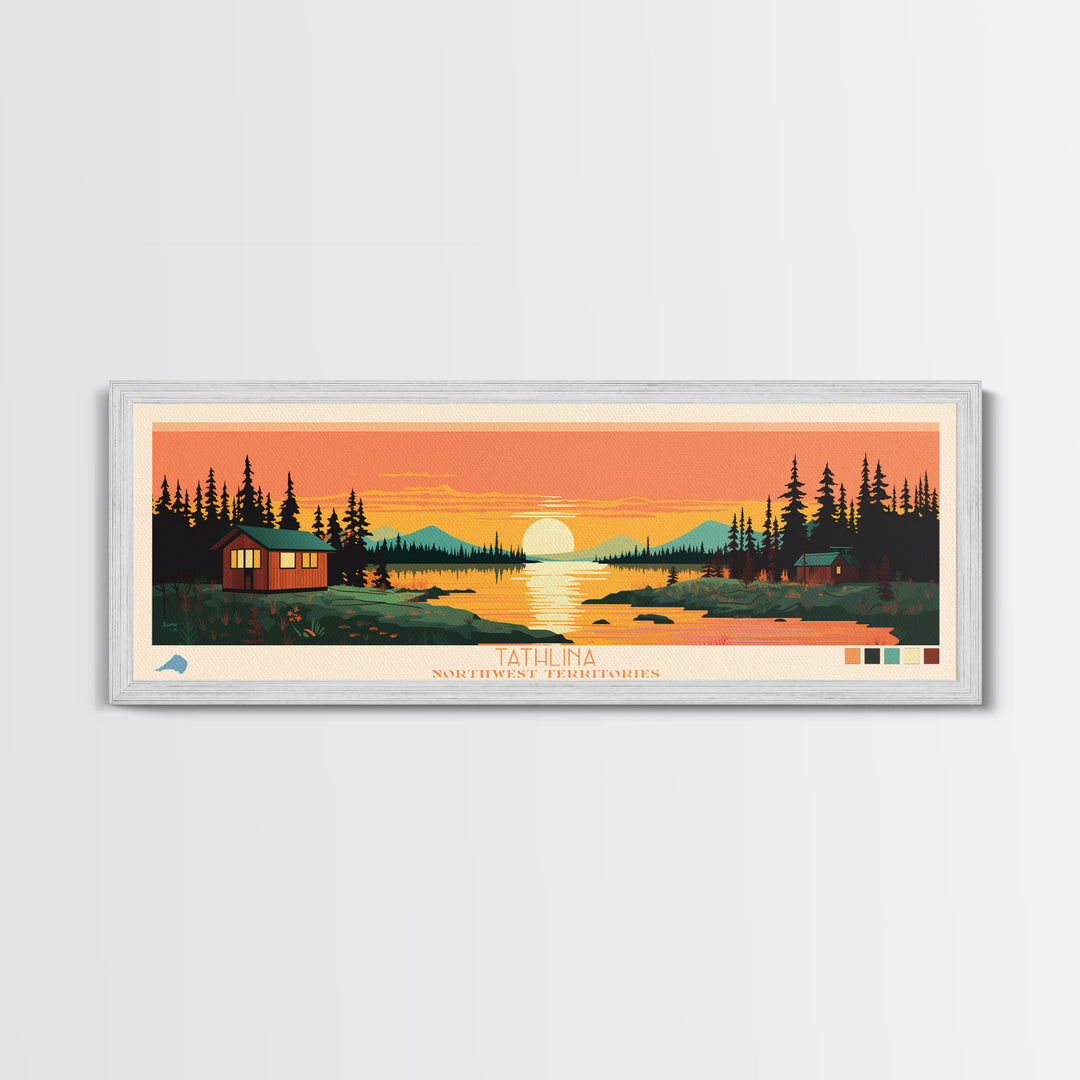 Tathlina Lake, Northwest Territories Framed Canvas Print, Lake House Art, Midcentury Modern Decor, Pop Art, Travel Poster, Wall Art