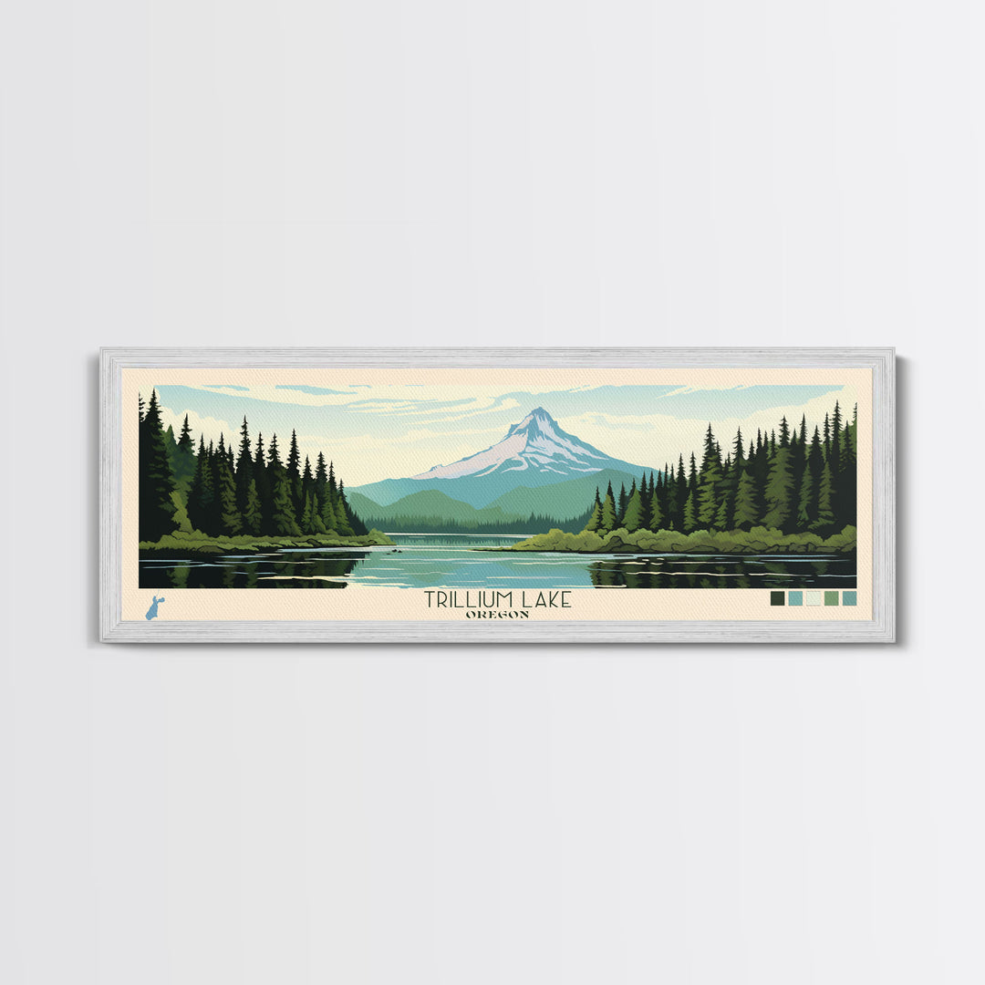 Trillium Lake, Oregon Framed Canvas Print, Lake House Art, Midcentury Modern Decor, Pop Art, Travel Poster, Bedroom Wall Art