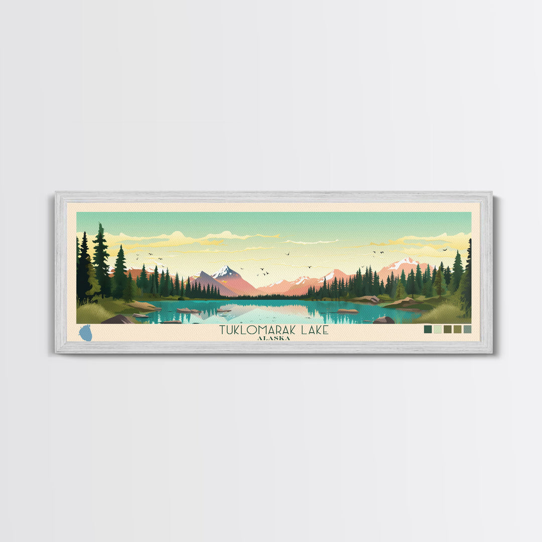 Tuklomarak Lake, Alaska Framed Canvas Print, Lake House Art, Midcentury Modern Decor, Pop Art, Travel Poster, Bedroom Wall Art