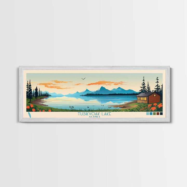 Tusikvoak Lake, Alaska Framed Canvas Print, Lake House Art, Midcentury Modern Decor, Pop Art, Travel Poster, Bedroom Wall Art