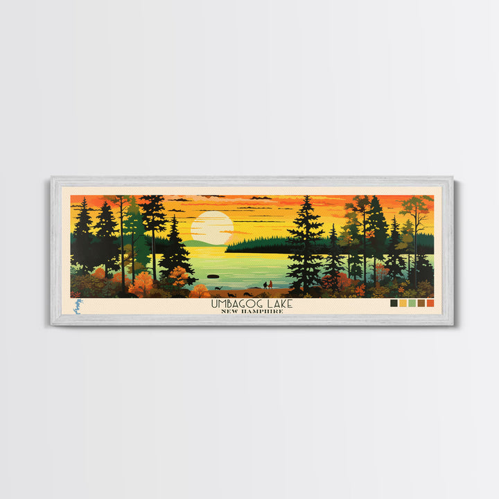 Umbagog Lake, New Hampshire Framed Canvas Print, Panoramic Lake House Art, Midcentury Modern Decor, Pop Art, Travel Poster, Living Room Wall Art