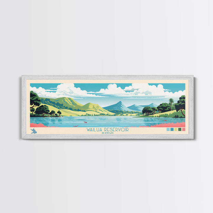 Wailua Reservoir, Hawaii Framed Canvas Print, Panoramic Lake House Art, Midcentury Modern Decor, Pop Art, Travel Poster, Living Room Wall Art