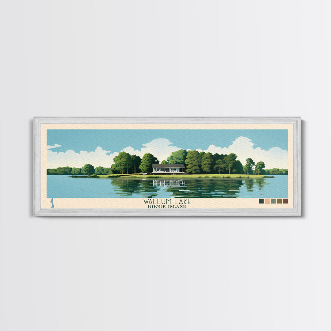 Wallum Lake, Rhode Island Framed Canvas Print, Panoramic Lake House Decor, Midcentury Modern Art, Pop Art, Travel Poster, Bedroom Wall Art