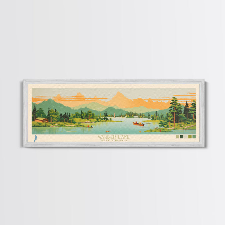 Warden Lake, West Virginia Framed Canvas Print, Panoramic Lake House Art, Midcentury Modern Decor, Pop Art, Travel Poster, Living Room Wall Art