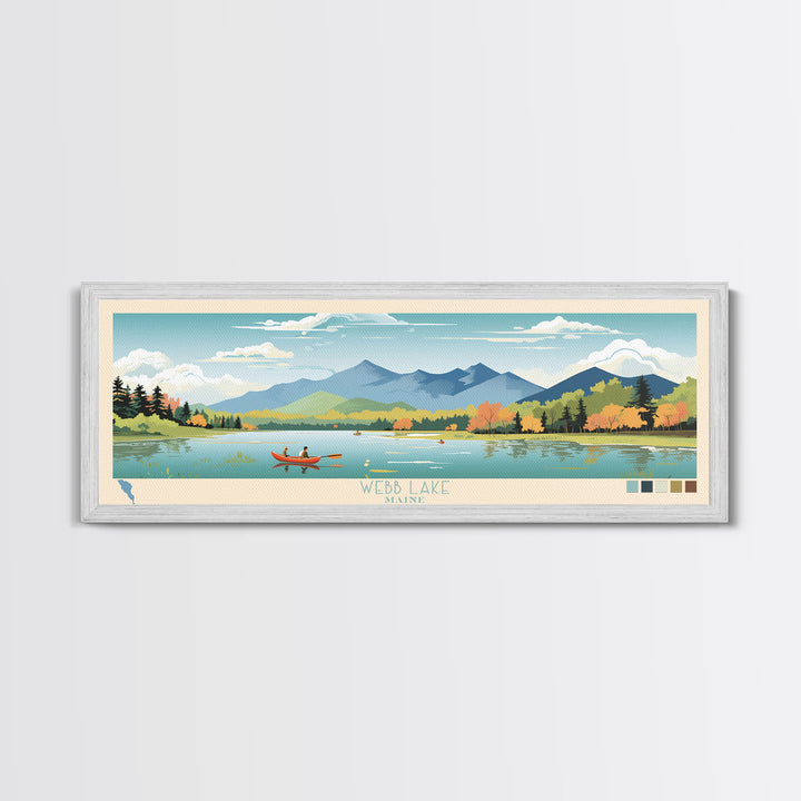 Webb Lake, Maine Framed Canvas Print, Midcentury Modern Lake House Decor, Panoramic Art, Pop Art, Travel Poster, Living Room Wall Art