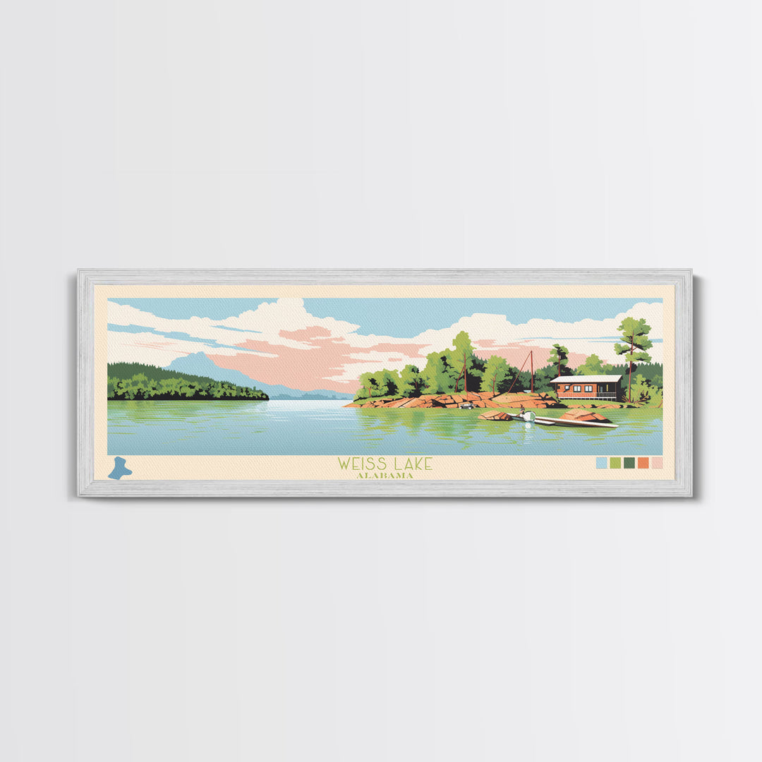 Weiss Lake, Alabama Framed Canvas Print, Lake House Decor, Panoramic Art, Midcentury Modern, Pop Art, Travel Poster, Living Room Wall Art