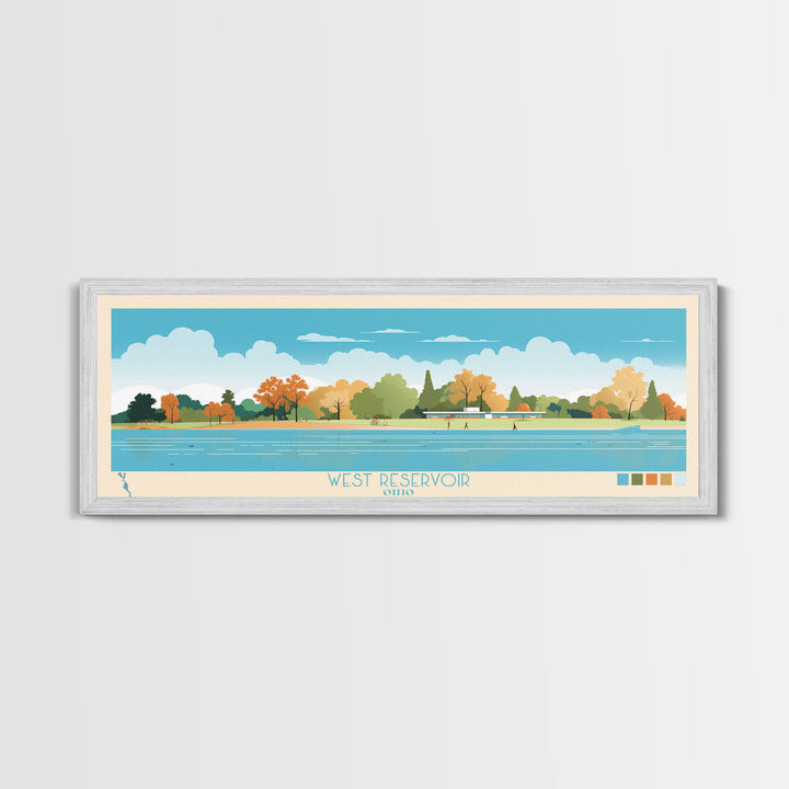 West Reservoir, Ohio Framed Canvas Print, Panoramic Lake House Decor, Midcentury Modern Art, Pop Art, Travel Poster, Living Room Wall Art