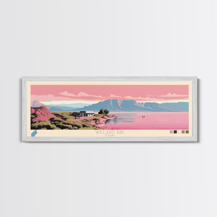 Willard Bay, Utah Framed Canvas Print, Panoramic Lake House Decor, Midcentury Modern Art, Pop Art, Travel Poster, Living Room Wall Art