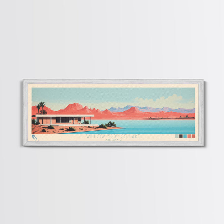 Willow Springs Lake, Arizona Panoramic Framed Canvas Print, Lake House Decor, Midcentury Modern Art, Pop Art, Travel Poster