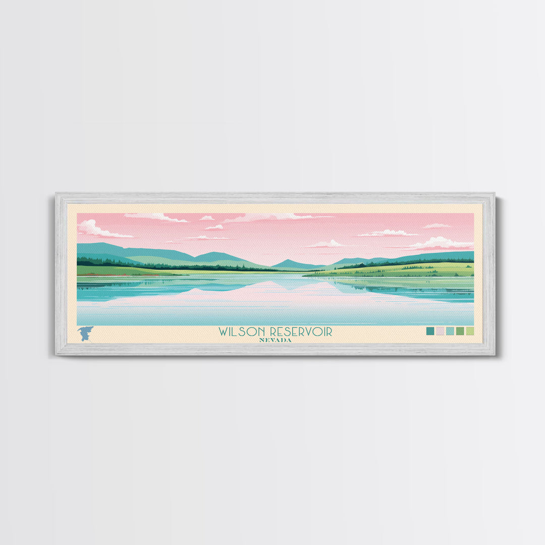 Wilson Reservoir, Nevada Panoramic Framed Canvas Print, Lake House Decor, Midcentury Modern Art, Pop Art, Travel Poster