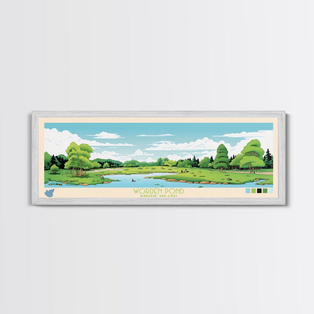 Worden Pond, Rhode Island Framed Canvas Print, Panoramic Lake House Decor, Midcentury Modern Art, Pop Art, Travel Poster