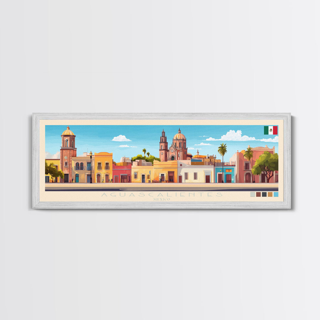 Aguascalientes, Mexico Panoramic Travel Poster Canvas Print, Aguascalientes, Mexico Painting, Mexico Art, Aguascalientes Travel Art, Guest Room Painting