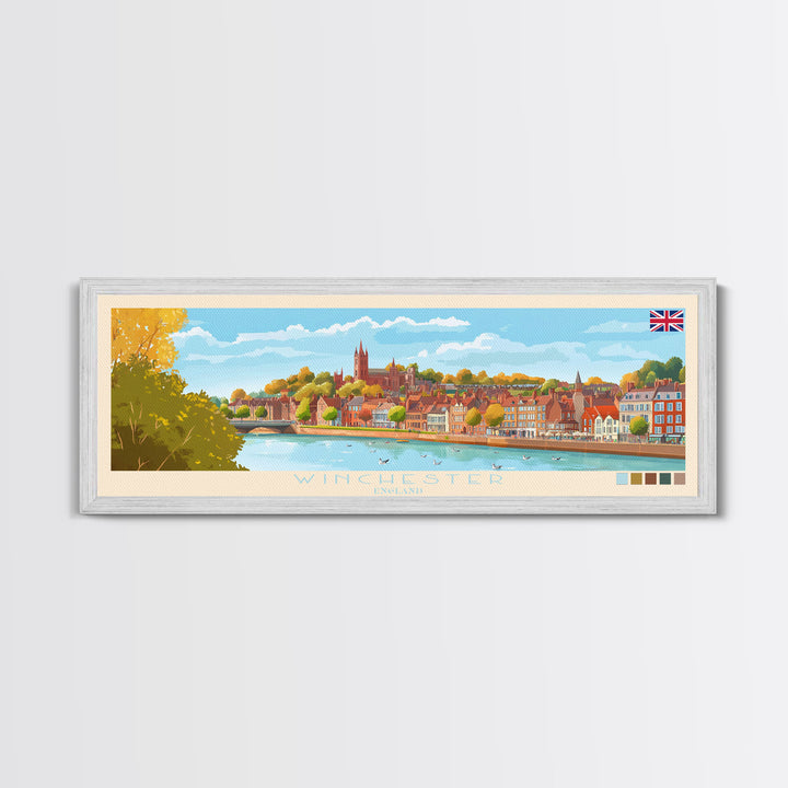 Winchester, England Travel Poster Panoramic Canvas Print, Winchester, England Painting, England Art, Winchester Travel Art, Guest Room Painting