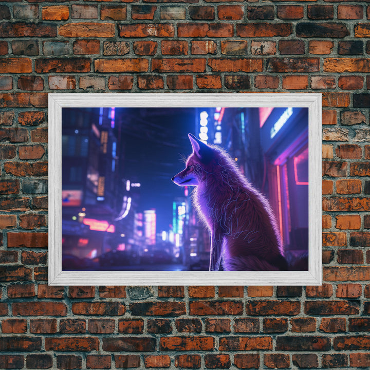 Alley Fox, Cyberpunk city, framed canvas print, urban decay art