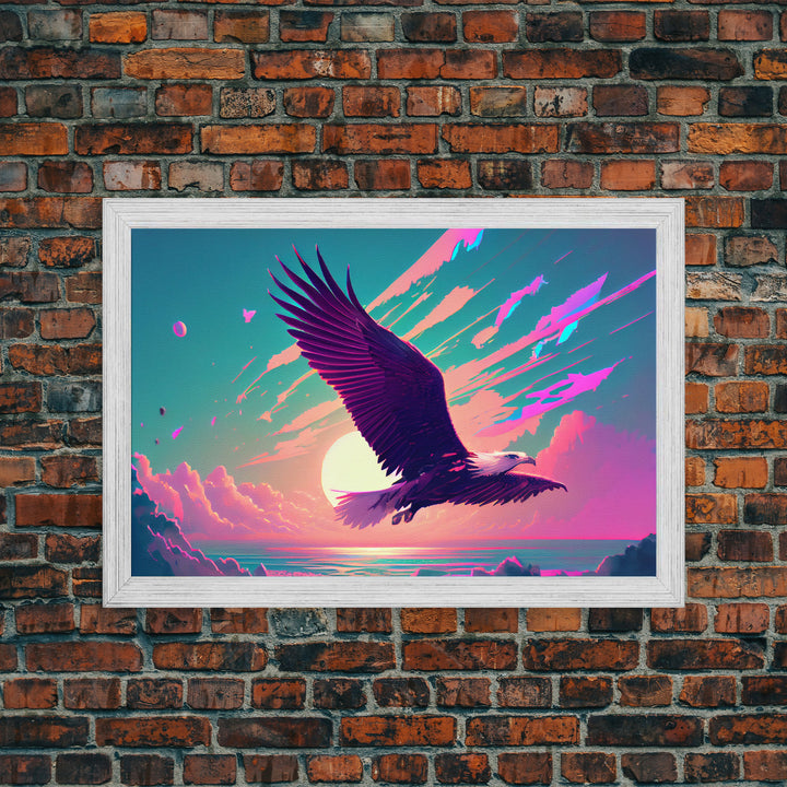 Bald eagle in flight, vaporwave sunset, vaporwave art, framed canvas print, pink and turquoise art