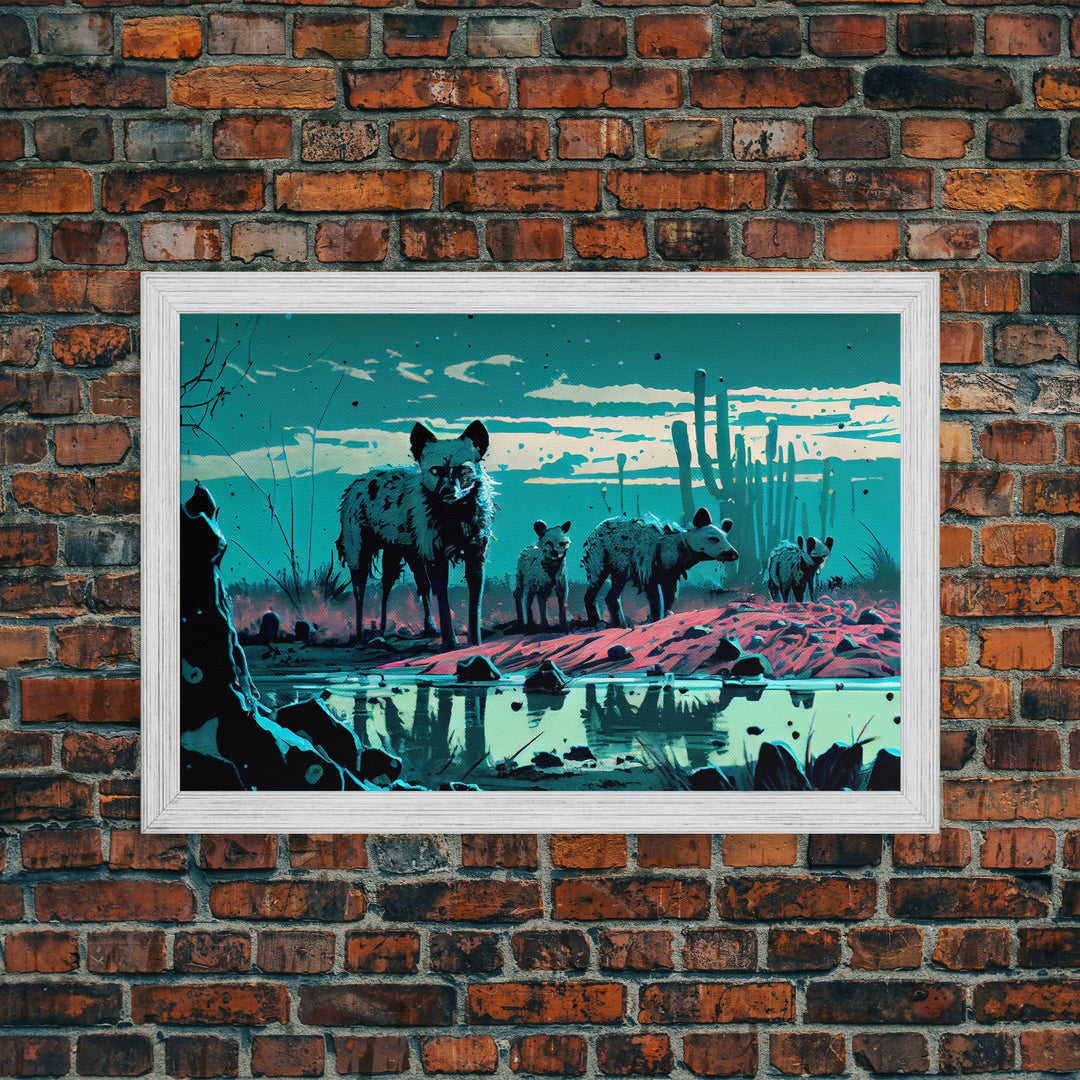 Hyenas at midnight, turquoise vaporwave art, framed canvas print