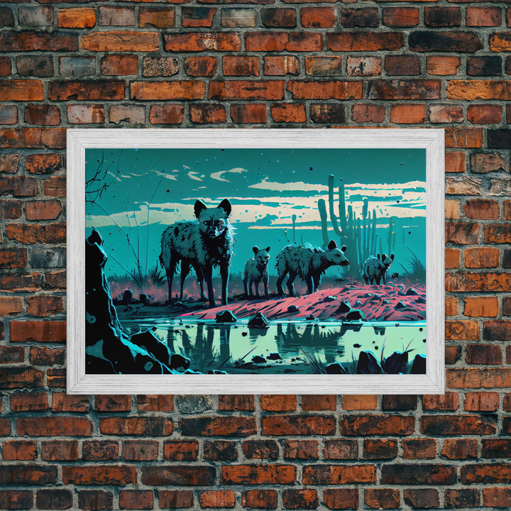 Hyenas at midnight, turquoise vaporwave art, framed canvas print