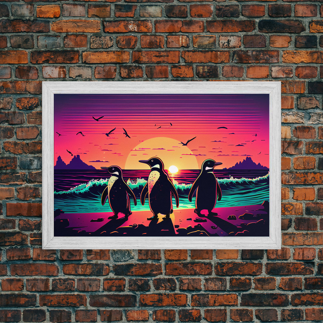 Surfing Penguins walking on the beach, retrowave art, framed canvas print, animal art