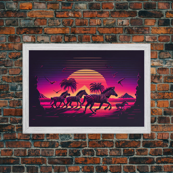 Zebra running through the plains, synthwave art, framed canvas print, framed wall art