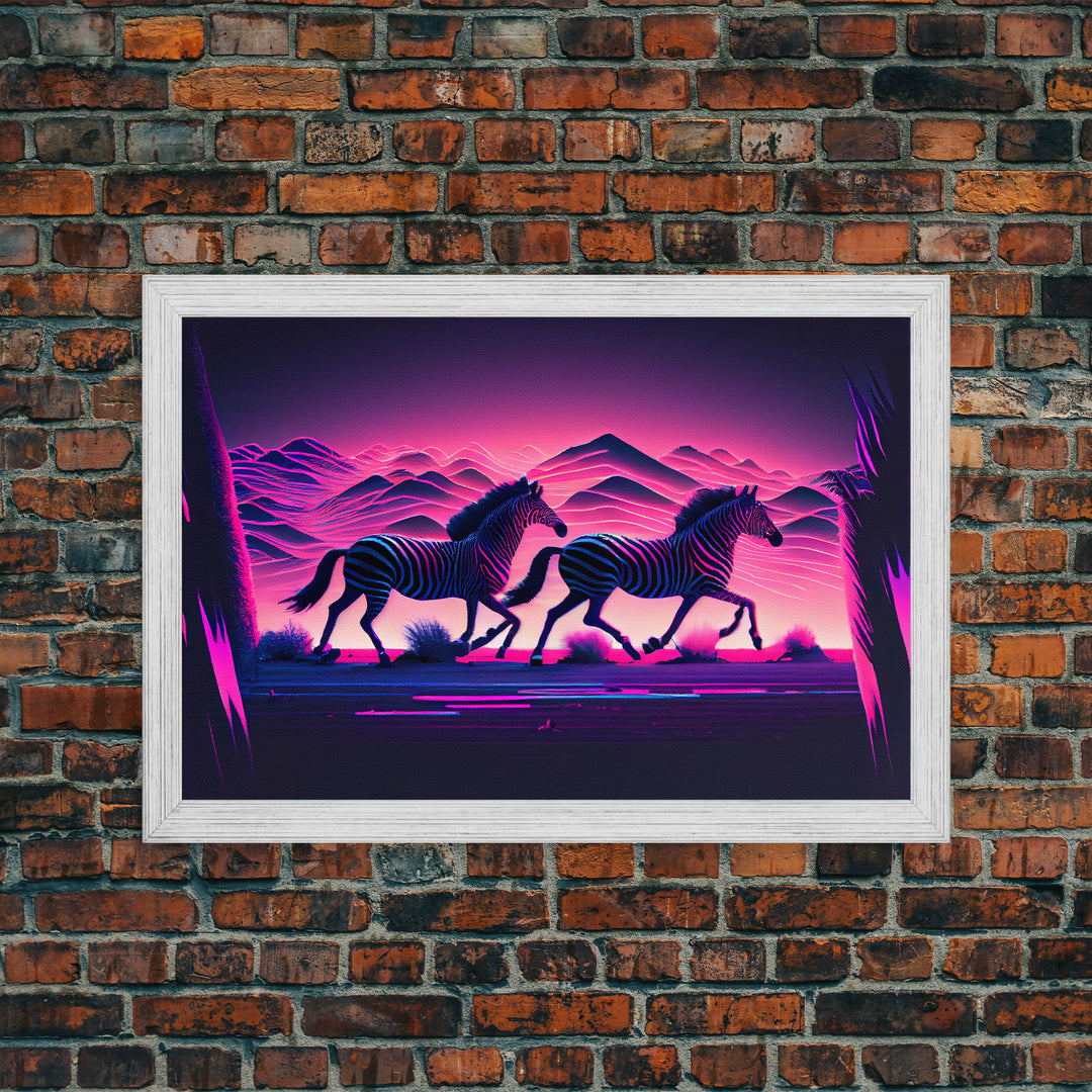 Zebras running through the plains, synthwave art, framed canvas print, framed wall art