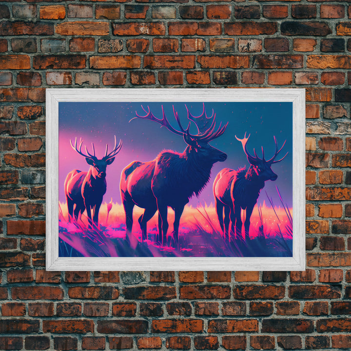 Vaporwave landscape, Elk in the plains at sunset, framed canvas art, canvas print, framed wall art