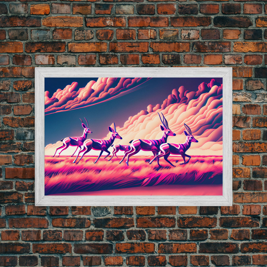 Herd of African Gazelles, vaporwave art, synthwave aesthetic nature print, framed canvas print