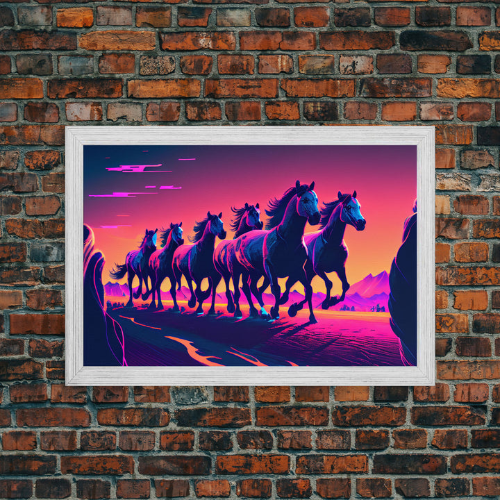 Herd of Wild Horses, American Western decor, framed canvas print, synthwave animal art