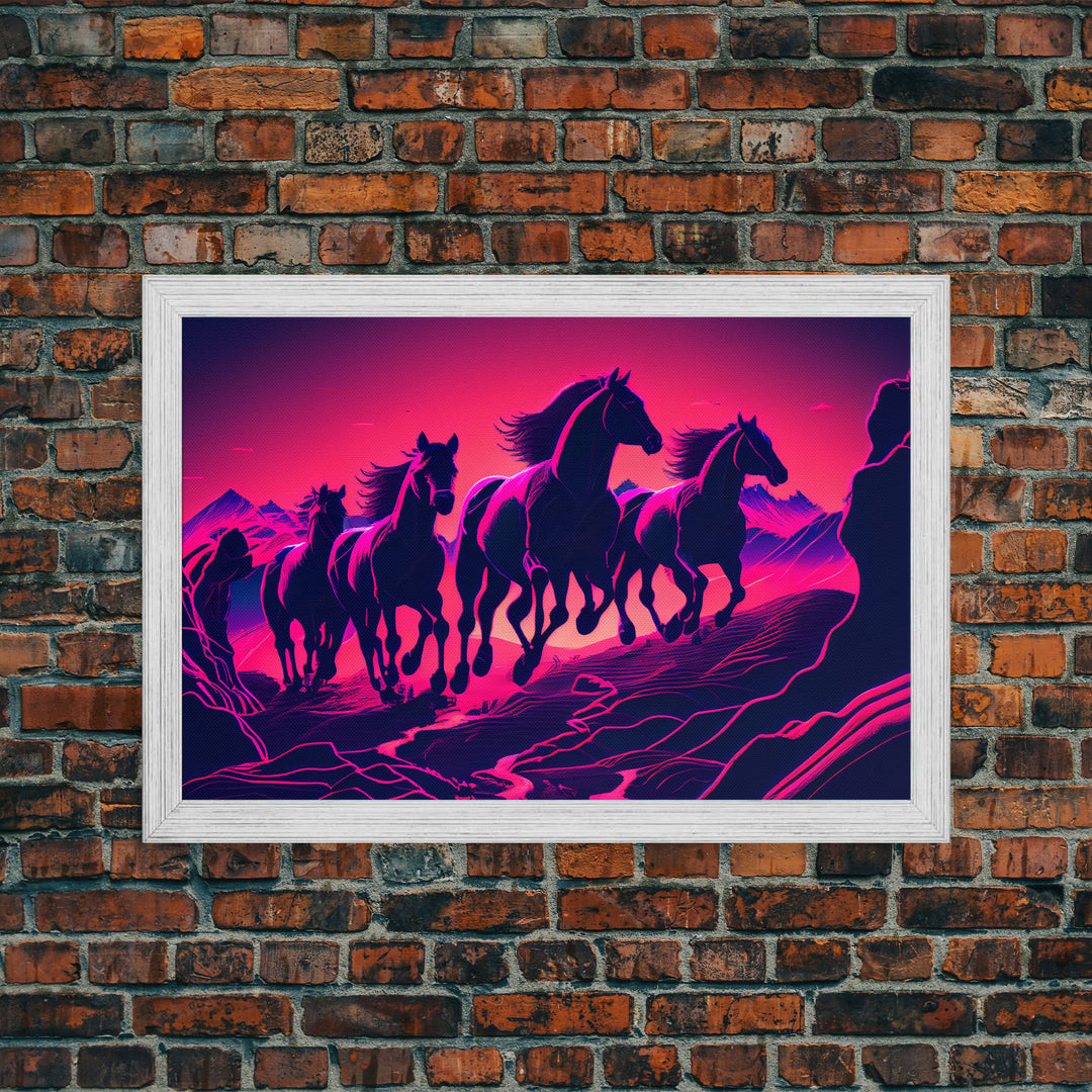 Pack of Wild Horses, American Western decor, framed canvas print, synthwave animal art