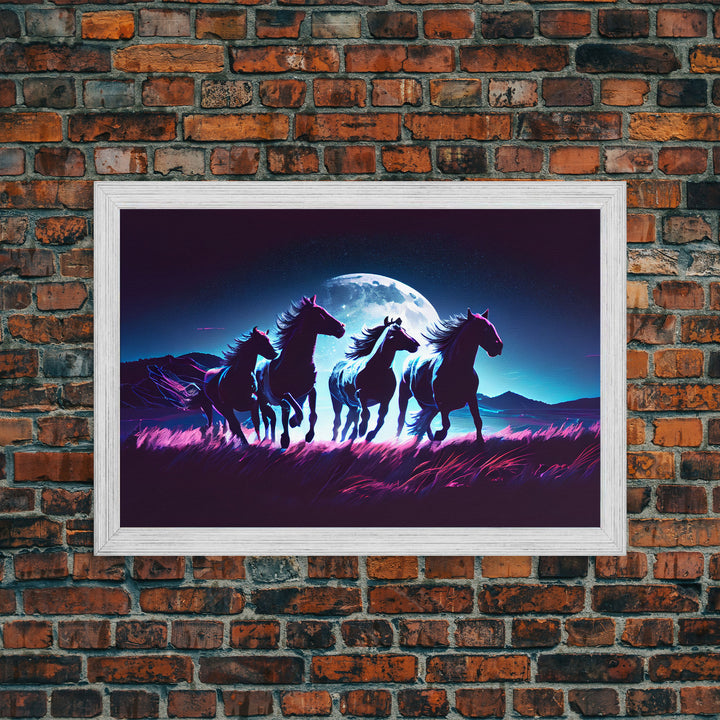 Wild horses running in the moonlight, vaporwave art, framed canvas print