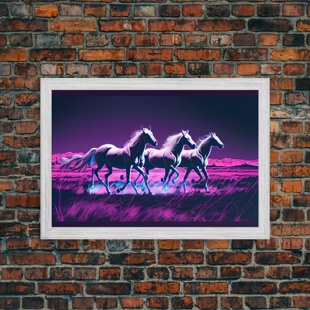 Pastel Wild horses running in the moonlight, vaporwave aesthetic art, framed canvas print