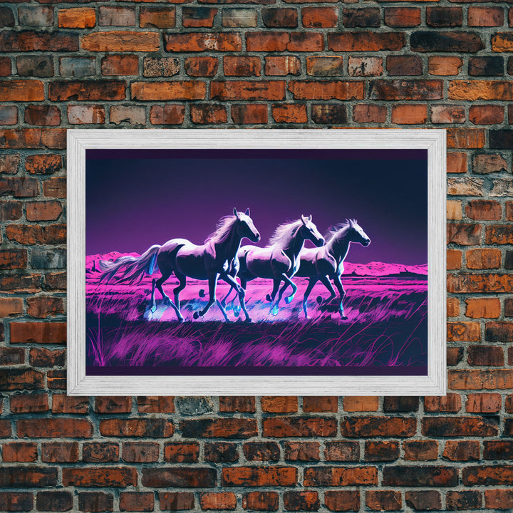 Pastel Wild horses running in the moonlight, vaporwave aesthetic art, framed canvas print