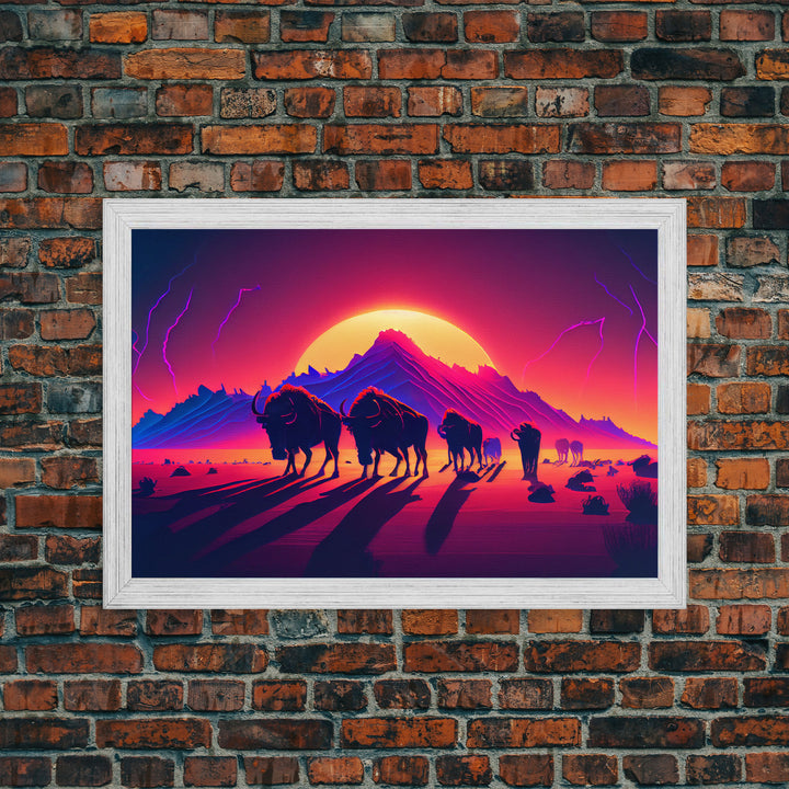 Synthwave American Buffalo, Retrowave art, herd of Bison and a setting sun, framed canvas print