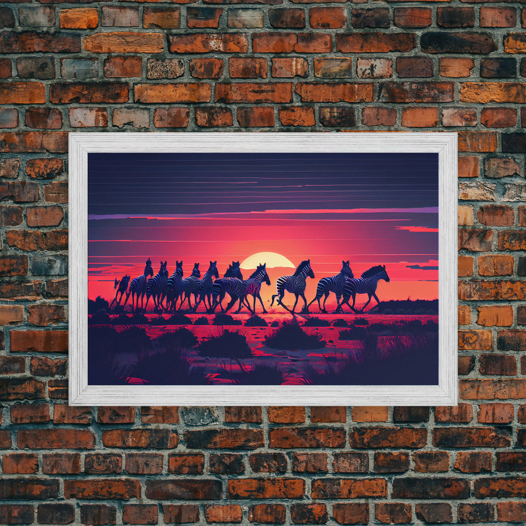 Herd of wild zebra against a beautiful African sunset, framed canvas print