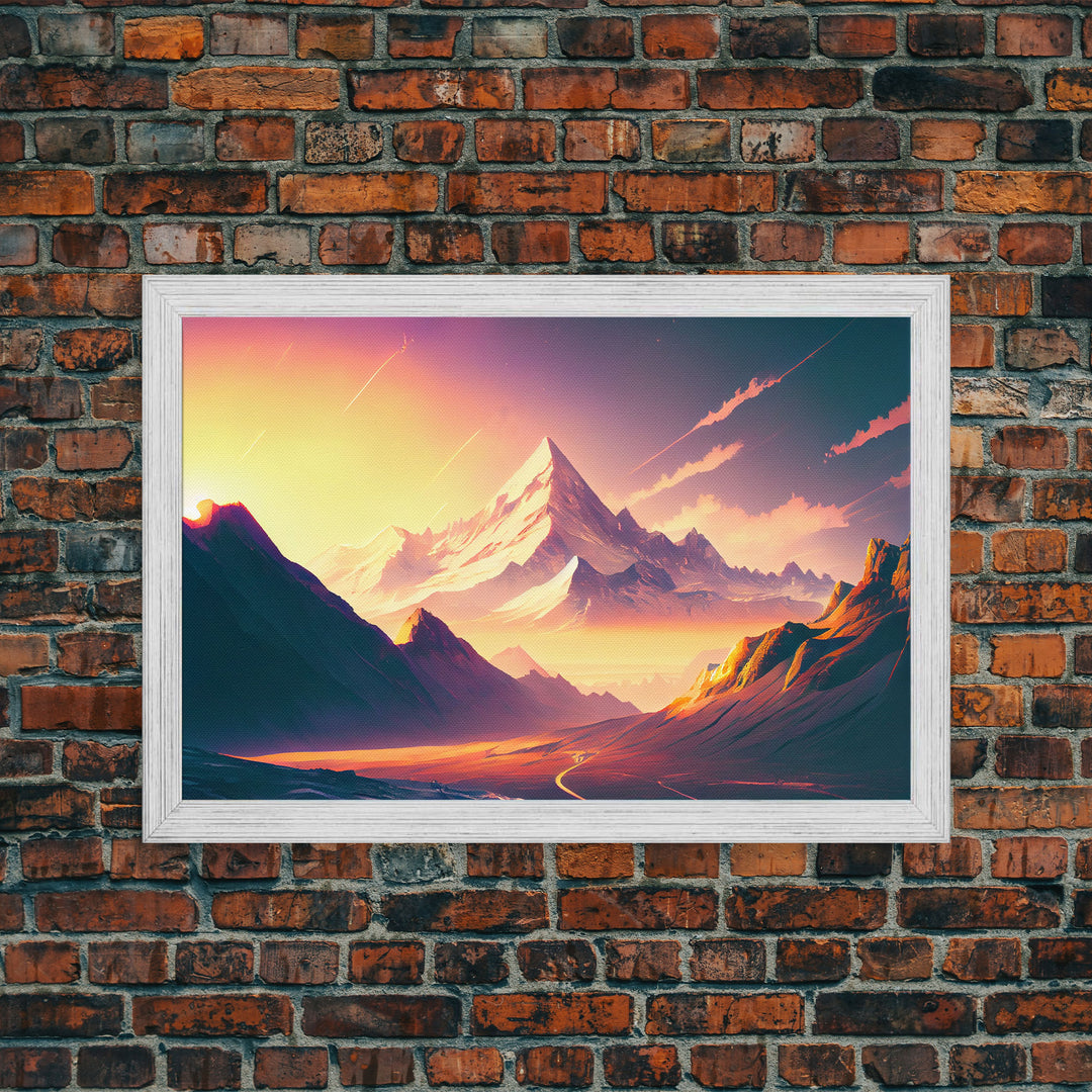 Watercolor mountain at sunset, pastel, subdued colors, framed canvas print