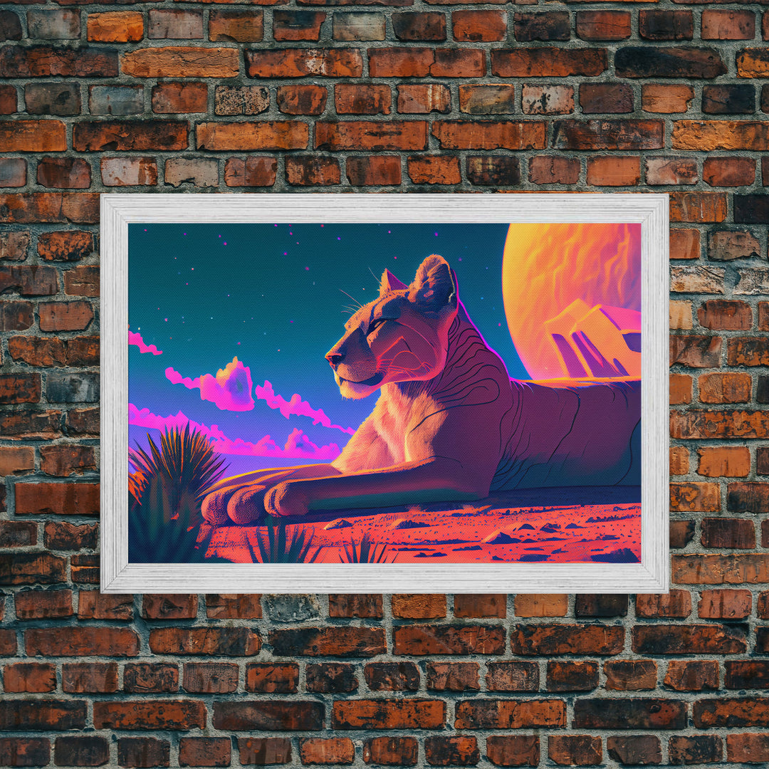 Lioness synthwave art, framed canvas print, beautiful pastel lion art