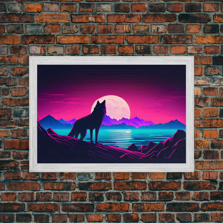 Wolf art, turquoise landscape, framed canvas print, vaporwave aesthetic desert art