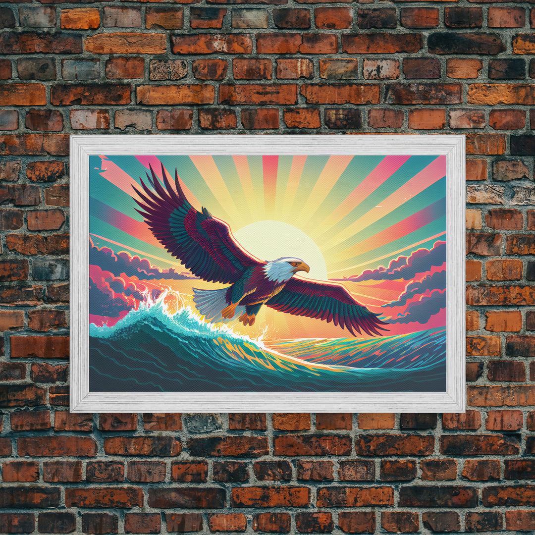 Retrowave bald eagle, pastel sunset, framed canvas print