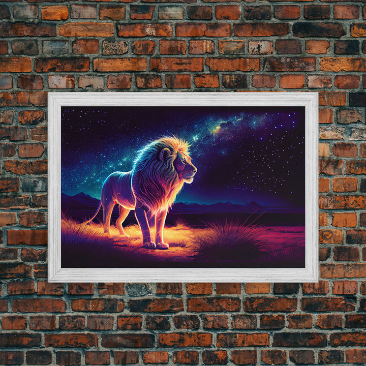 The Lion and the Universe, unique vibrant synthwave wall art, framed canvas print